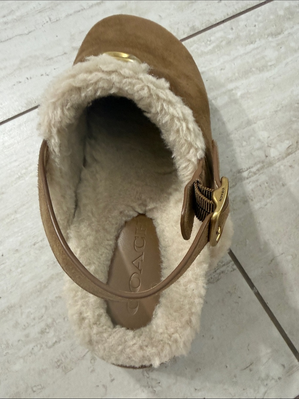 Coach ladies size 7 ..new .. Suede Shearling-Trim Clog with Gold 'C' Accen - Picture 5 of 8